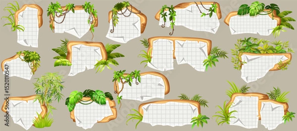 Obraz Game panels in jungle with liana branches and leaves, ivy. Set isolated wooden elements with old paper, with ragged square graph paper, school math sheet. Vector signboards with school page.