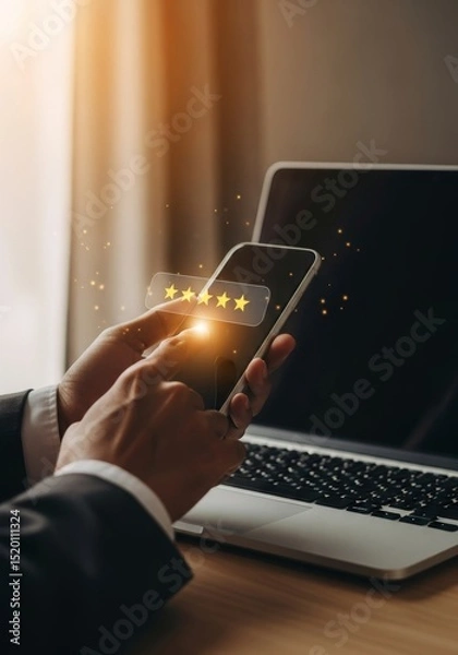 Fototapeta Mobile Phone Customer Review Rating - Person using a smartphone to give a five star rating, positive feedback, online review