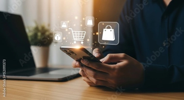 Fototapeta Mobile Shopping Convenience - Person using smartphone, online shopping, commerce, convenient purchasing, technology integration