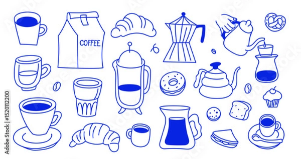 Fototapeta Vector hand drawn graphics for advertising, branding, posters and banners, funny cartoon illustrations, prints and stickers, brunch cafe , bakery concepts, specialty coffee shops  menu elements