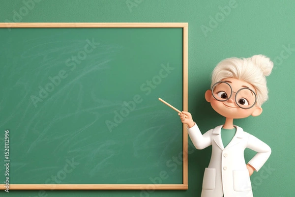 Fototapeta Woman scientist cartoon character pointing at an empty chalkboard, ready for your text or presentation