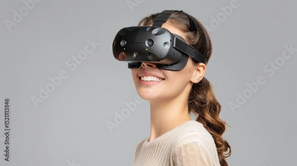 Fototapeta Smiling Woman Wearing Virtual Reality Headset on Isolated Background
Happy Female Exploring VR Technology with Modern Headset