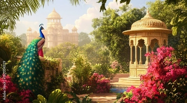 Obraz An Indian garden scene with an ornate peacock, a woman in traditional attire standing near the palace walls, and lush greenery.