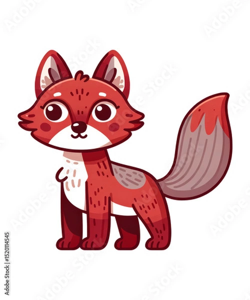 Fototapeta A cute, funny, cartoon cat illustration or vector art drawing of a happy domestic kitten or kitty character, not a dog, is sitting with its tail and fur visible