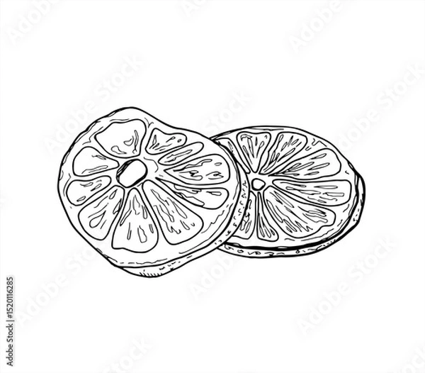 Fototapeta Two stacked dried orange slices vector illustration painted by black inks. Etching drawing of citrus fruit wedges for Christmas decorations, winter holiday packaging, festive drink menus