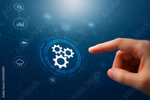 Fototapeta Automation concept with gears touching screen for business process and workflow optimization 