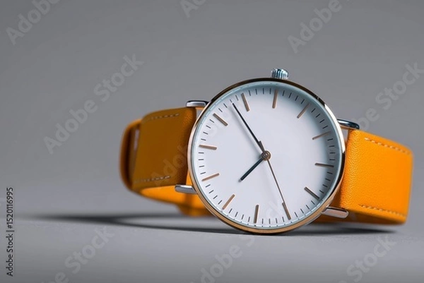 Fototapeta Close up of a wristwatch with a white face and a yellow leather strap on a grey background surface