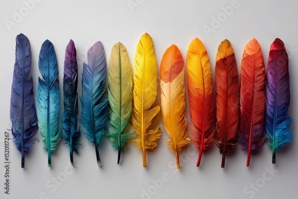 Obraz A row of colorful feathers arranged in a spectrum on a white background creating a vibrant display