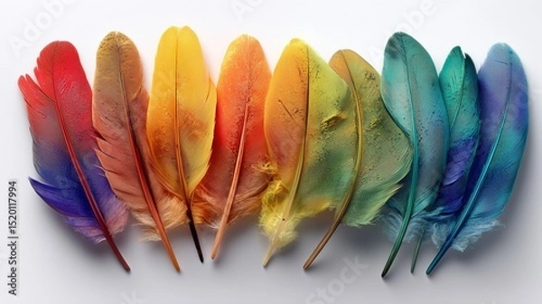 Fototapeta Arrangement of colorful feathers creating a vibrant spectrum on a clean white surface display art