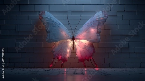 Fototapeta A glowing butterfly with pink and white wings against a textured brick wall in a dark room setting