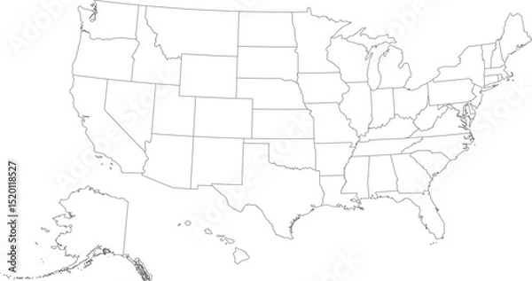Fototapeta USA map with geographical state borders. United States of America map. Outline USA map design with state borders. Vector