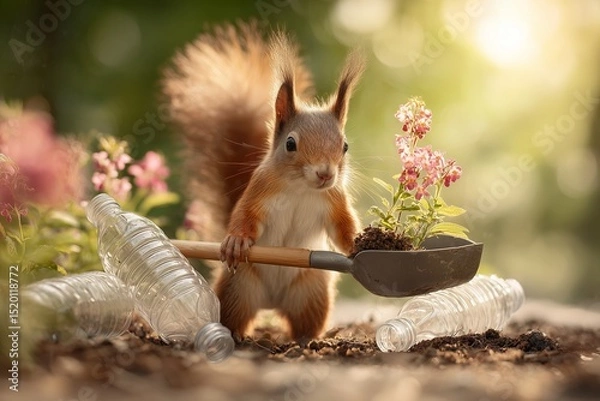 Fototapeta A squirrel holding a shovel with a plant next to plastic bottles in a garden setting outdoors