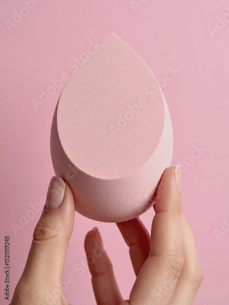 Obraz A hand grips a pink makeup sponge, set against a soft pink background, highlighting the simplicity and color harmony.