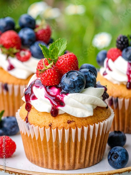 Obraz Delicious cupcakes with blueberries, raspberries, cream frosting, and berry preserve showcased on a wooden plate. Sunny day in garden.