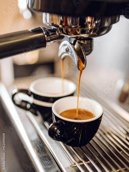 Obraz Close-up of an espresso machine dispensing coffee into two cups,  freshly brewed beverage. Barista at work. Espresso coffee. 