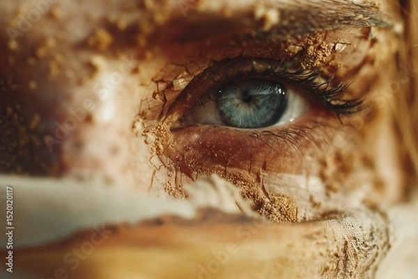 Fototapeta A close up shot of a person's eye with cracked skin and sand like particles on their face and eyelashes