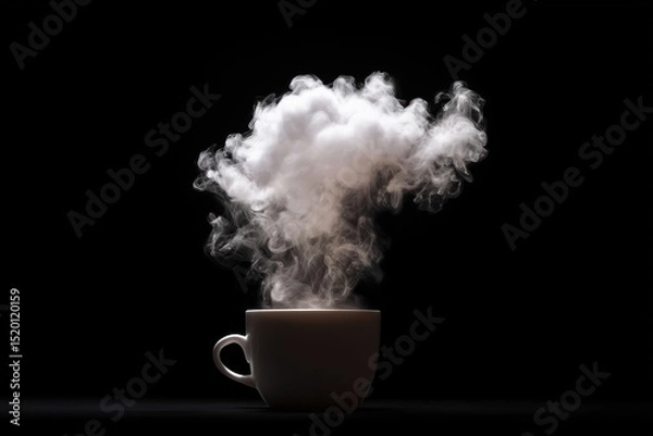 Fototapeta A white cup with steam rising against a black background in a simple studio style composition art