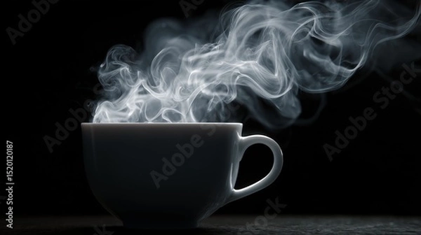 Fototapeta A white cup filled with a steaming liquid against a dark background with rising smoke effect seen above