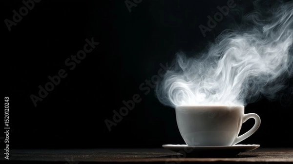 Fototapeta A cup of coffee with steam rising in a dark room creating a warm and inviting atmosphere around it
