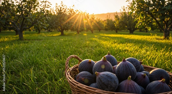 Obraz Ripe figs in basket on grass with sun shining over orchard  