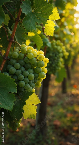 Obraz Fresh green grapes hanging on vines in a vineyard during sunset  