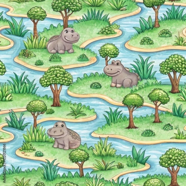 Obraz A wild African animal seamless concept. Playful hippos in a whimsical river landscape with greenery.