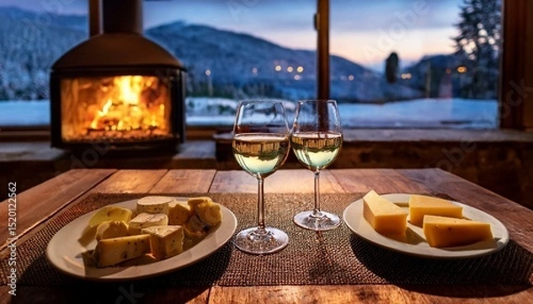 Fototapeta two glasses of wine and a cheese plate, a romantic atmosphere in a hut in the mountains, rose petals in front of the window, winter season, snow outside