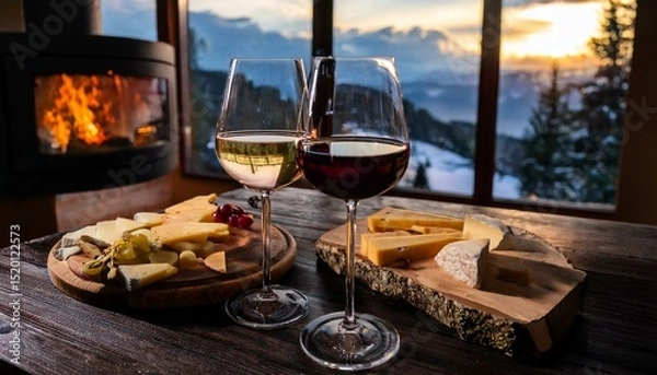 Fototapeta two glasses of wine and a cheese plate, a romantic atmosphere in a hut in the mountains, rose petals in front of the window, winter season, snow outside