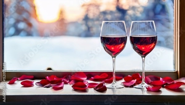 Fototapeta two glasses of wine, a romantic atmosphere in a hut in the mountains, rose petals in front of the window, winter season, snow outside