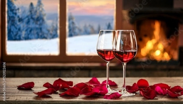 Fototapeta two glasses of wine, a romantic atmosphere in a hut in the mountains, rose petals in front of the window, winter season, snow outside