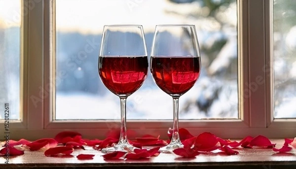 Fototapeta two glasses of wine, a romantic atmosphere in a hut in the mountains, rose petals in front of the window, winter season, snow outside