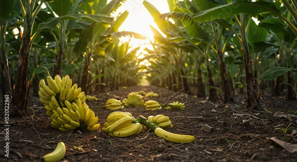 Obraz Bunch of ripe bananas lying on ground in banana plantation at sunset  