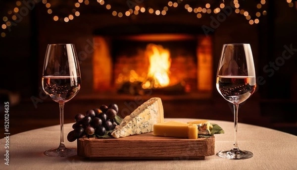 Fototapeta In front of a burning fireplace, 2 glasses of wine and a cheese plate, a romantic ambiance