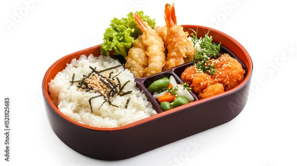 Fototapeta This is a flavorful bento box containing rice with seaweed, fresh greens, crispy tempura shrimp, and stir-fried vegetables. Enjoy!