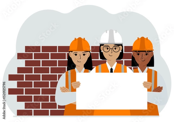Fototapeta Construction team holding a white sheet of paper for text. Brickwork next to him. Vector flat illustration