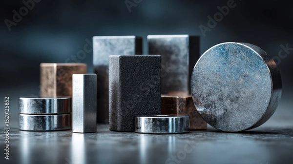 Fototapeta Variety of magnets in different shapes and materials on reflective surface