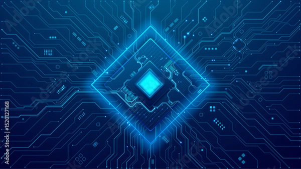 Fototapeta Futuristic light blue circuit board with AI innovation chip. Artificial Intelligence semiconductor with thin line wires and abstract electronics components. Digital CPU and PCB tech background. Vector
