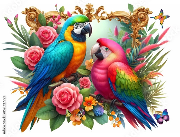 Fototapeta Close - up pictures of cute parrot and the beauty of nature. Picture of beautiful trees and shrubs, beautiful leaves and rose flowers. parrot  (01)
