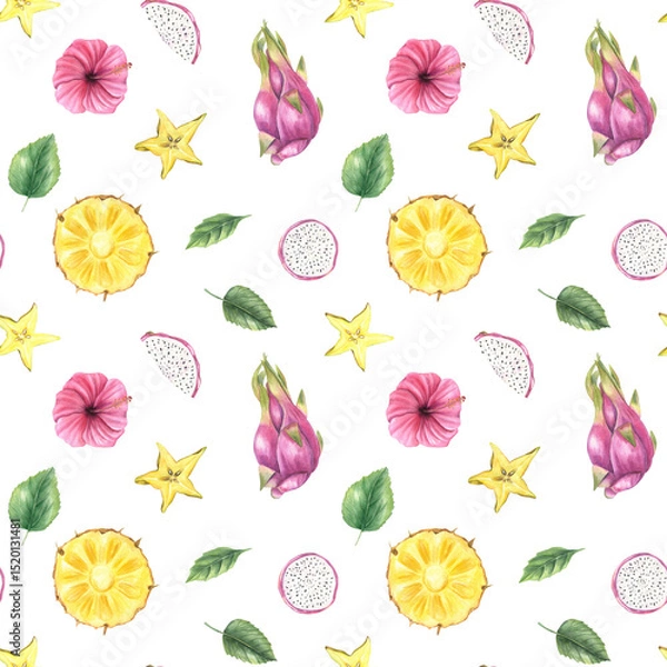 Fototapeta Seamless tropical watercolor pattern with pitaya, pineapple slices, starfruit, and leaves. Hand painted exotic botanical fruits isolated illustration for healthy food packaging, summer fashion textile