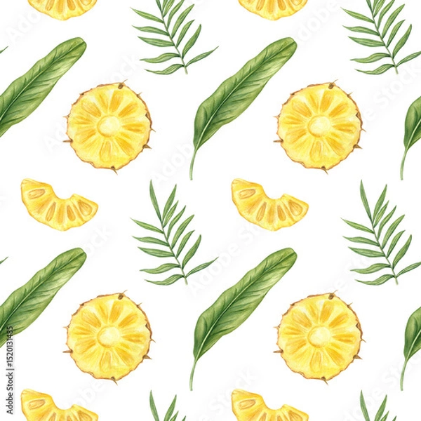 Fototapeta Pineapple slices among banana and areca palm leaves seamless tropical watercolor pattern isolated background. Fruit and tropical leaves for summer packaging, resort decor, textile designs