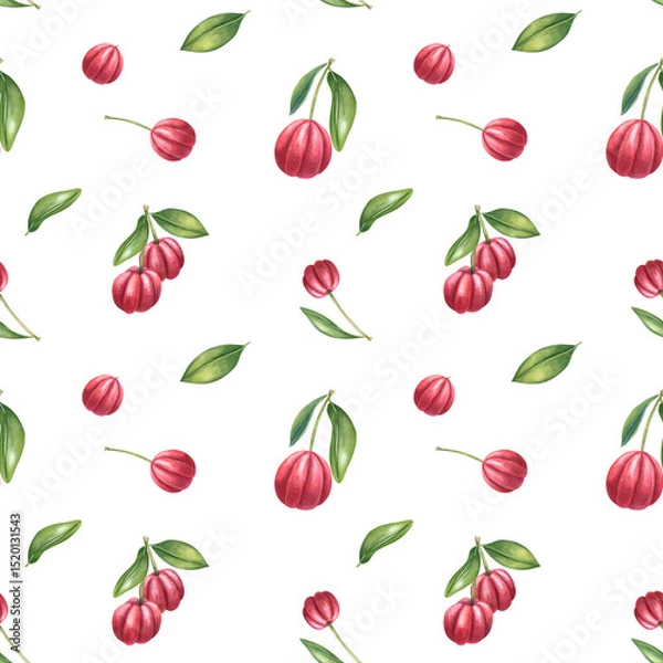 Fototapeta Acerola berries and cherries on branch with green leaves watercolor seamless pattern isolated on white background. Exotic tropical fruits illustration. For vitamin supplement design, doll textile.