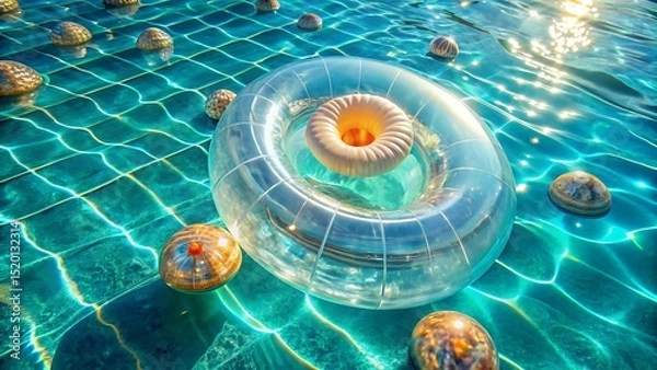 Fototapeta Poolside Fun Clear Inflatable Ring and Decorative Spheres in Sparkling Water