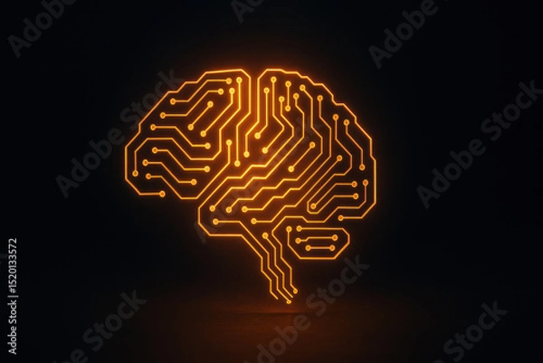 Fototapeta Orange Futuristic Brain Shape Made From Glowing Microchip Circuits On Dark Background