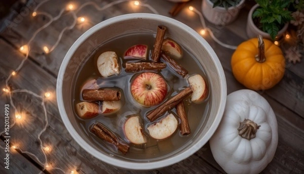 Fototapeta Autumn-themed bowl with apples, cinnamon sticks, and pumpkins with warm lights for Halloween concept