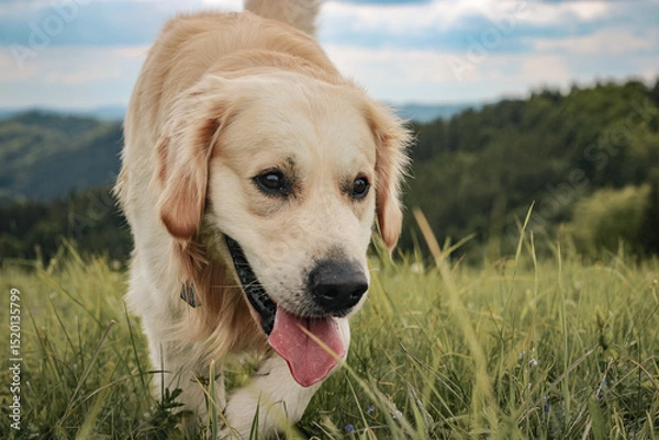 Fototapeta Happy golden retriever portrait, calm nature and view of mountains in the background