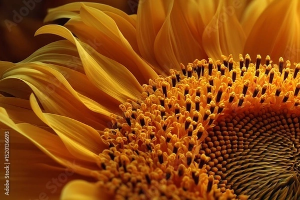 Fototapeta A close up of a bright yellow sunflower with a dark background showing intricate details of the flower