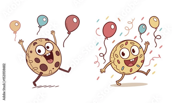 Fototapeta Cute cookies cartoon with  expressions vector illustration. Cartoon mini cookie. Cute celebration jump expression of cookies cartoon character.