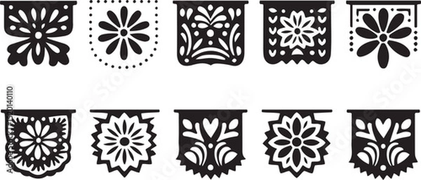 Fototapeta Set of Mexican decorative frames and borders in black silhouette style. Includes floral, geometric, and papel picado inspired patterns, festive folk art motifs