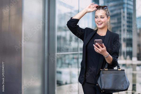 Obraz Businesswoman using smartphone and adjusting sunglasses in urban setting