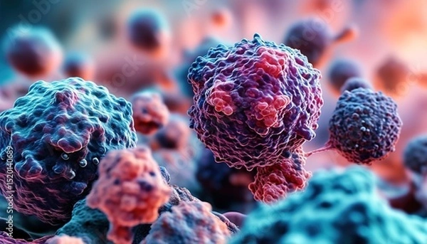 Fototapeta Microscopic view of cancer cells, detailed 3D medical illustration of tumor growth on tissue surface